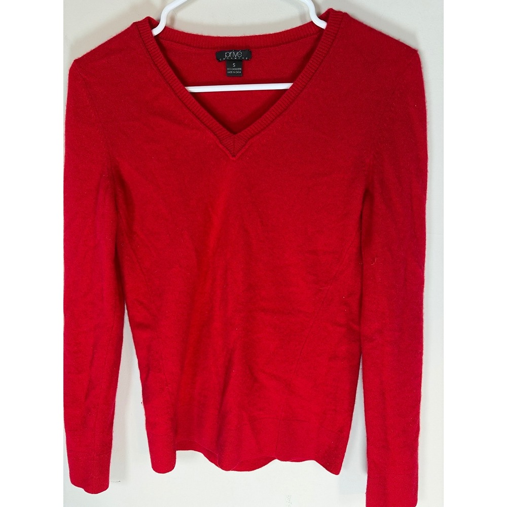 Prive Cashmere Red V-Neck Sweater 100% Cashmere Long Sleeve Knit Top Small